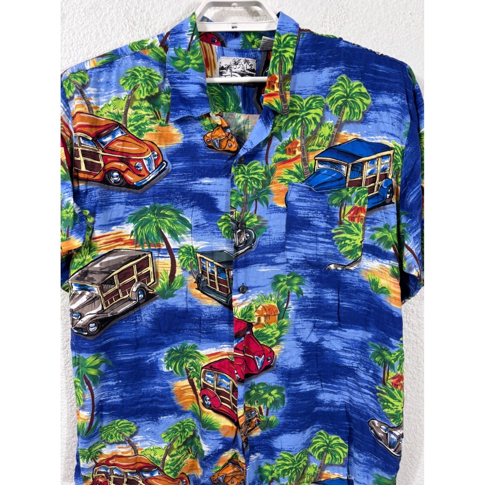 Pineapple Connection Button Up Shirt Mens Large Blue Woody Wagon Surf